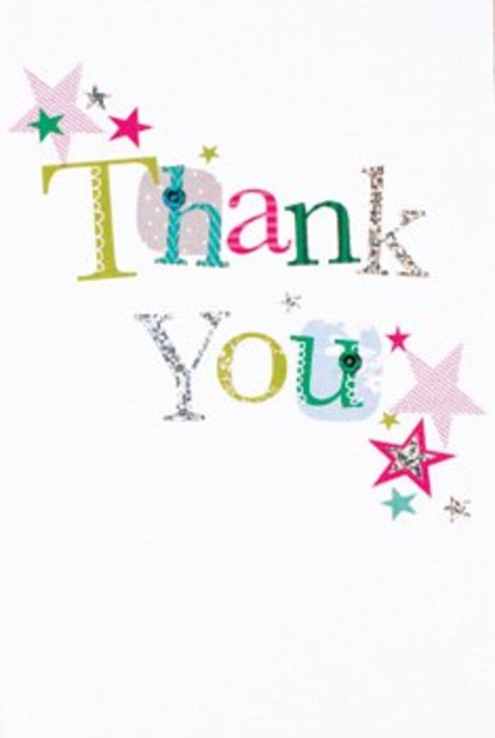 This thank you card's graceful layout radiates an exuberant, yet composed presence, not unlike the welcoming streets of Purley. Each letter is artistically arranged, some delightfully whimsical with spotted patterns and playful lines, while others exude an air of refined elegance. Brightly coloured stars gather around the greeting-some marked with sparkling pink stripes, others filled with cool turquoise or luminous silver-bestowing cheerful energy as if blessing the words. The airy, modern composition, animated by a sprinkle of stardust, sits beautifully on the crisp white surface, balancing vibrance with sophistication. Never too formal, but always warm, this design is fitting for any gesture of thanks, whether celebrating after a community event or expressing appreciation for a neighbour's kindness. As a florist immersed in Purley's daily life, I envision this card perfectly nestled within a bouquet-an uplifting, heartfelt note that lingers long after the flowers are delivered, capturing those unique moments of gratitude that make local connections unforgettable.