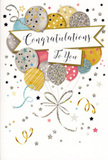 The card in this image offers a refined vision of celebration, as if a moment of joy in Purley has been distilled into a single, graceful illustration. Centred on the front is a cluster of balloons, arranged close together so that they form a rounded bouquet rising upward. The balloons glow in a gentle palette of gold, champagne, silver, baby blue, blush pink, and soft grey, each shaded to appear slightly glossy and full, like they are catching soft afternoon light filtering through a window near Purley's high street. Some balloons are sprinkled with tiny stars or a fine glitter-style pattern, while others are dressed in delicate stripes, creating a lively yet balanced mix of designs. From each balloon, slender strings and ribbons in metallic tones of gold and silver trail downwards, looping and intertwining naturally. Draped across the centre of the cluster is a curved, white banner, clearly bearing the words Congratulations To You written in flowing, elegant calligraphy that feels warm and personal. The background remains clean and pale, adorned with scattered stars, confetti-like dots, and curling ribbons that radiate outwards, evoking the lingering happiness after a toast at a family gathering off Old Lodge Lane. The card's style is stylish and uplifting without being loud, making it a thoughtful companion to a bouquet delivered by a local florist to a doorstep near Kenley or the quiet roads leading towards Coulsdon, whenever you want to mark someone's success, dedication, or milestone with sincere, beautifully presented congratulations.